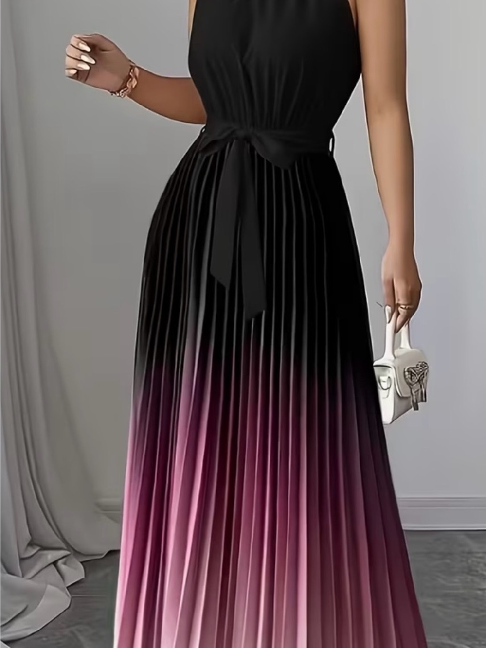 Sleeveless Black to Pink Ombre Pleated Maxi Dress with Waist Tie